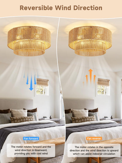 Boho Caged Ceiling Fan with Light Flush Mount (Gold)
