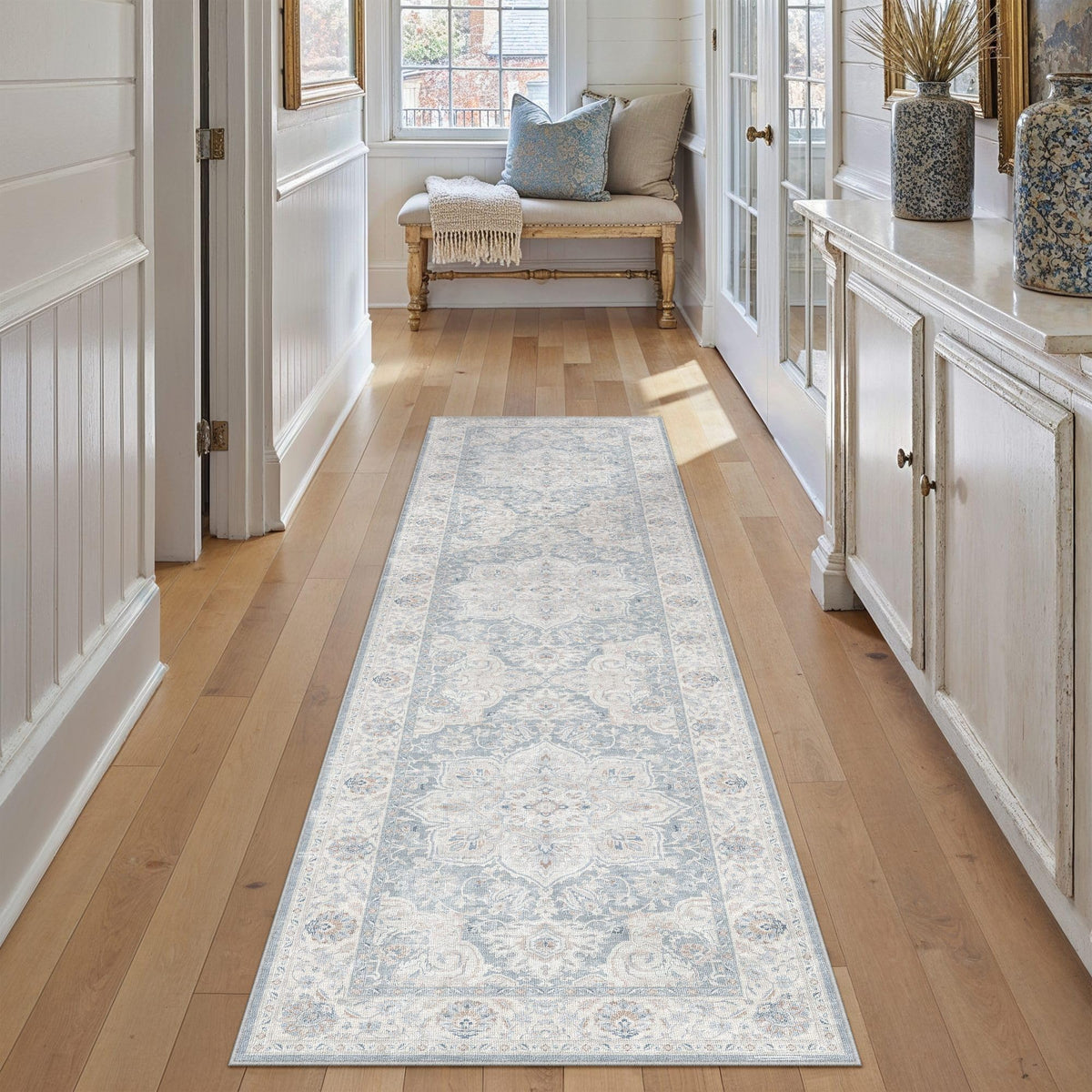 Blue 2x8 Runner Rug Washable Vintage Indoor Carpet (E| Blue / 2' x 8' (Runner))