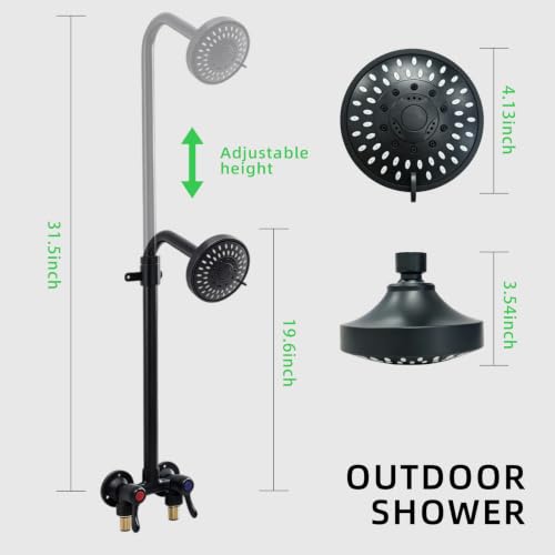 Outdoor Shower Kit Dual Handle Extendable Exposed Pipe Outdoor Shower Fixtures System with ABS 5 Spray Mode Settings Showerhead Solid Brass 4 Inch Center Mix Valve