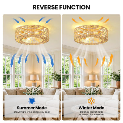 Boho Caged Low Profile Ceiling Fan with Light 19" Fandelier Flush Mount (19.3in-C)