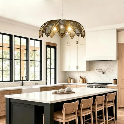 Boho Rattan Chandeliers Light Fixture Hand Woven Wicker Pendant Light Coastal Hanging Pendant Light for Living Dining Room Kitchen Island