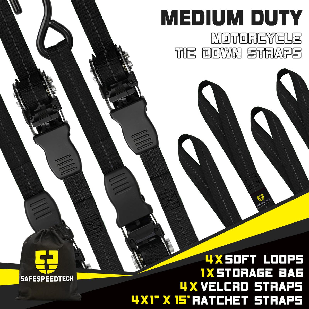 Ratchet Tie Down Straps 4pk 1" x15ft 1650lbs Motorcycle Tie Down Straps (Black / 1650LB - 15Ft)