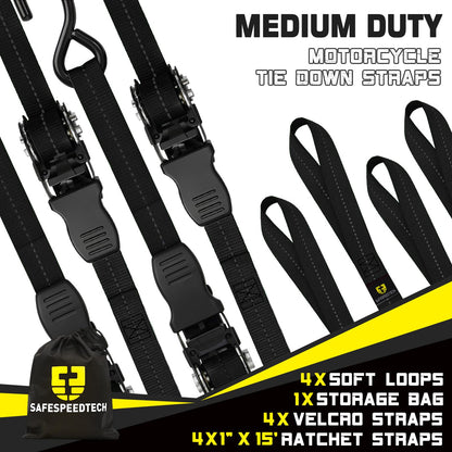 Ratchet Tie Down Straps 4pk 1" x15ft 1650lbs Motorcycle Tie Down Straps (Black / 1650LB - 15Ft)