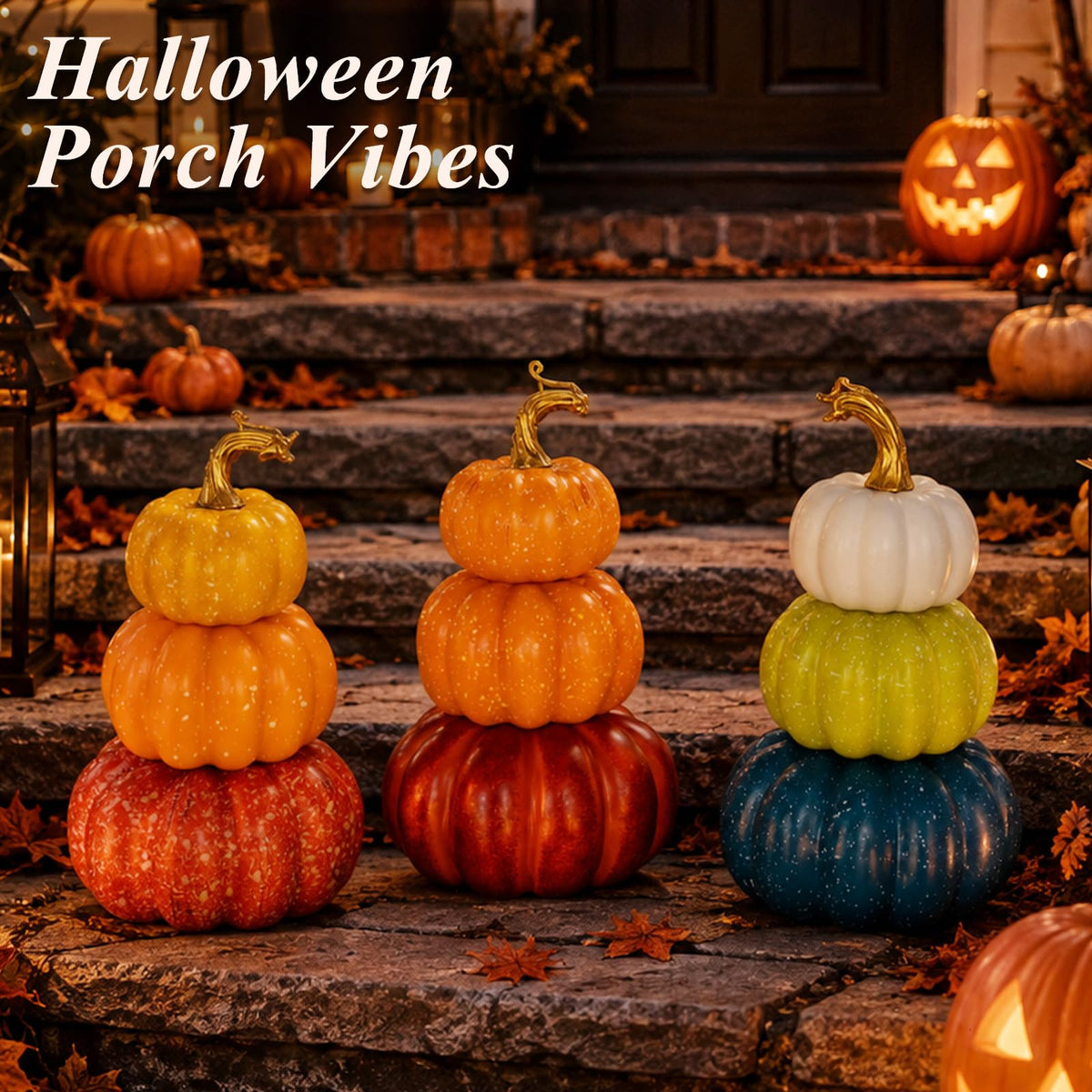 3Pcs 8.75" Stacked Pumpkin Tower Decor (Orange Blue & Yellow)