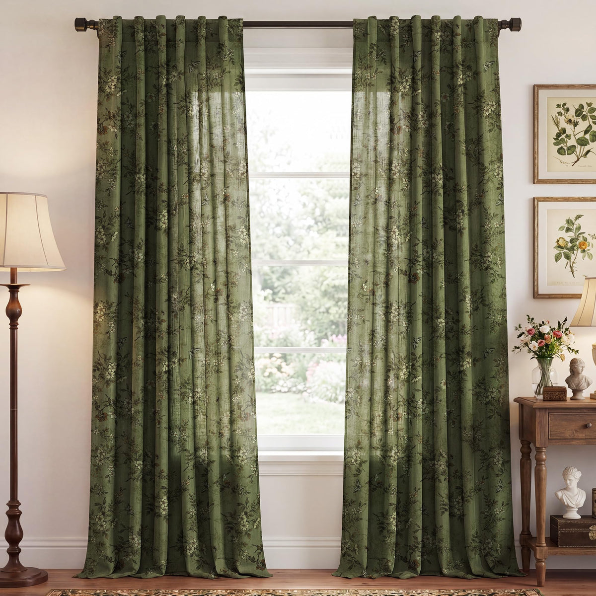 Forest Green Floral Printed Window Curtains (Forest Green / 52"W x 102"L (Pack of 2))