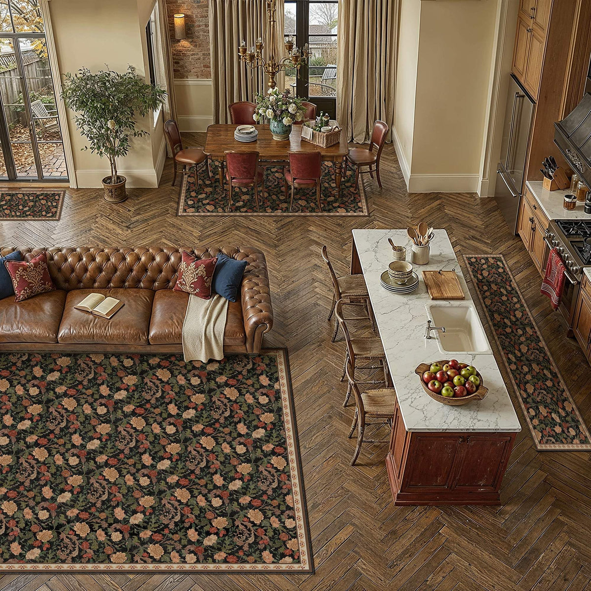 Retro Area Rugs 9x12 Washable Living Room Bedroom Rugs Vintage Floral Throw Carpet Black Brown Stain Resistant Non Slip Low Pile for Home Aesthetic Modern Decor (Retro | Black Brown / 9' x 12' (Rectangular))