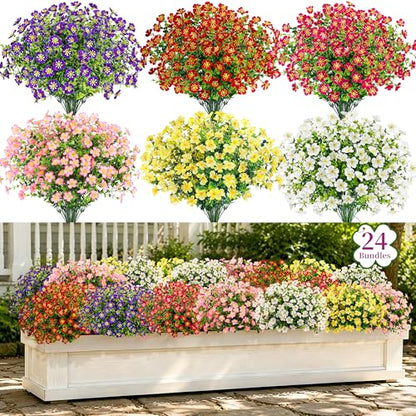24 Bundles Fake Flowers Artificial Dasiy Faux Flowers Bulk for Outdoor Spring Garden Porch Farmhouse Decor