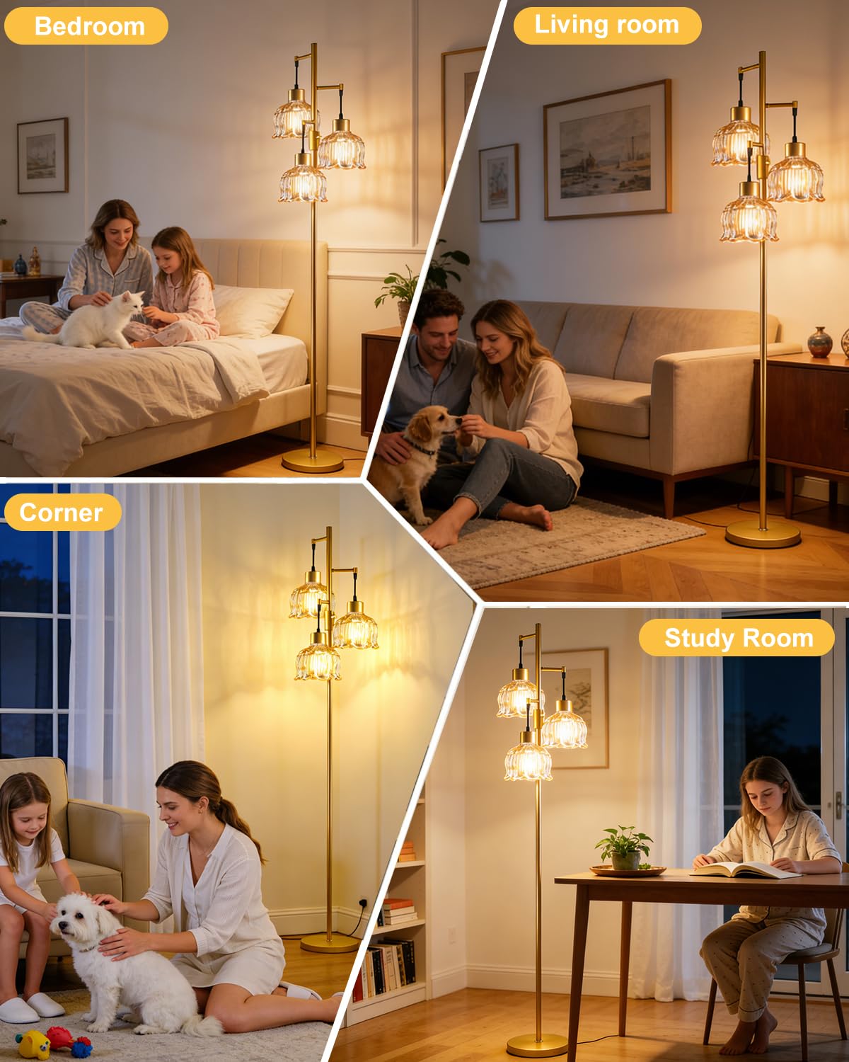 Amber Glass Floor Lamp Dimmable with LED Bulbs & Flower Shade (Amber-86I)
