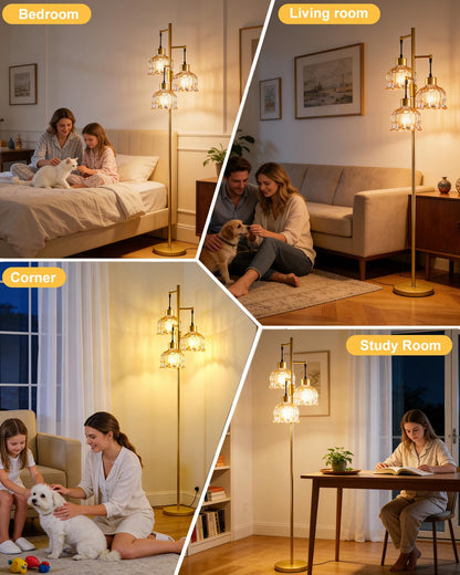 Amber Glass Floor Lamp Dimmable with LED Bulbs & Flower Shade (Amber-86I)