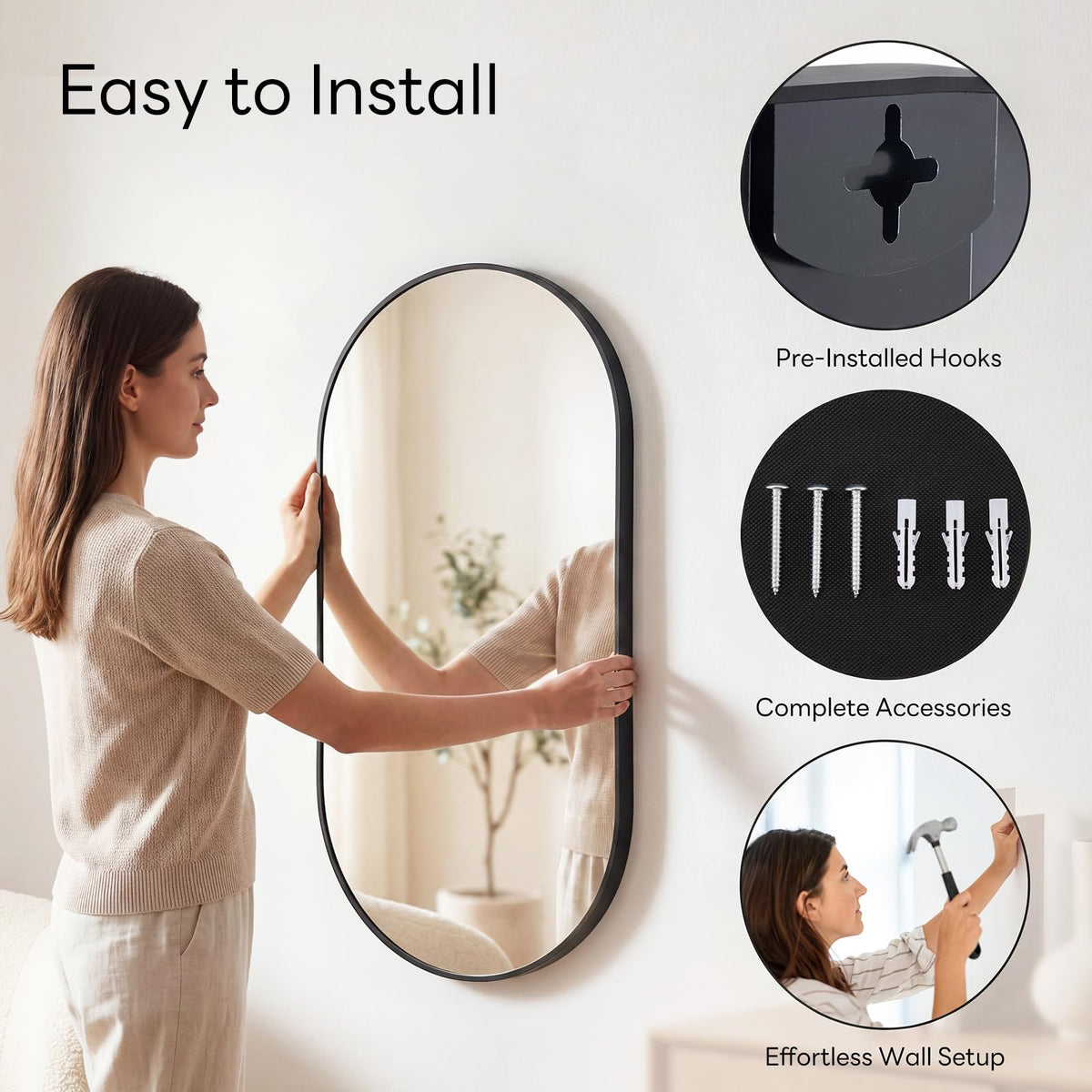 Oval Bathroom Wall Mirror (Black-oval / 24"L x 36"W)