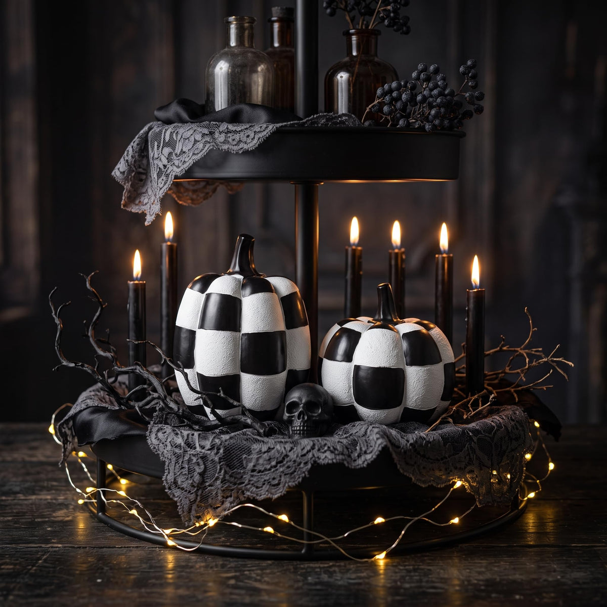 Black and White Checkered Pumpkins for Halloween Decoration Indoor (Black and White-2pcs / Resin)