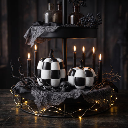 Black and White Checkered Pumpkins for Halloween Decoration Indoor (Black and White-2pcs / Resin)