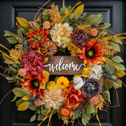 Artificial Harvest Fall Wreaths for Front Door 24 Inch Autumn Wreath (Fall Welcome Wreath)
