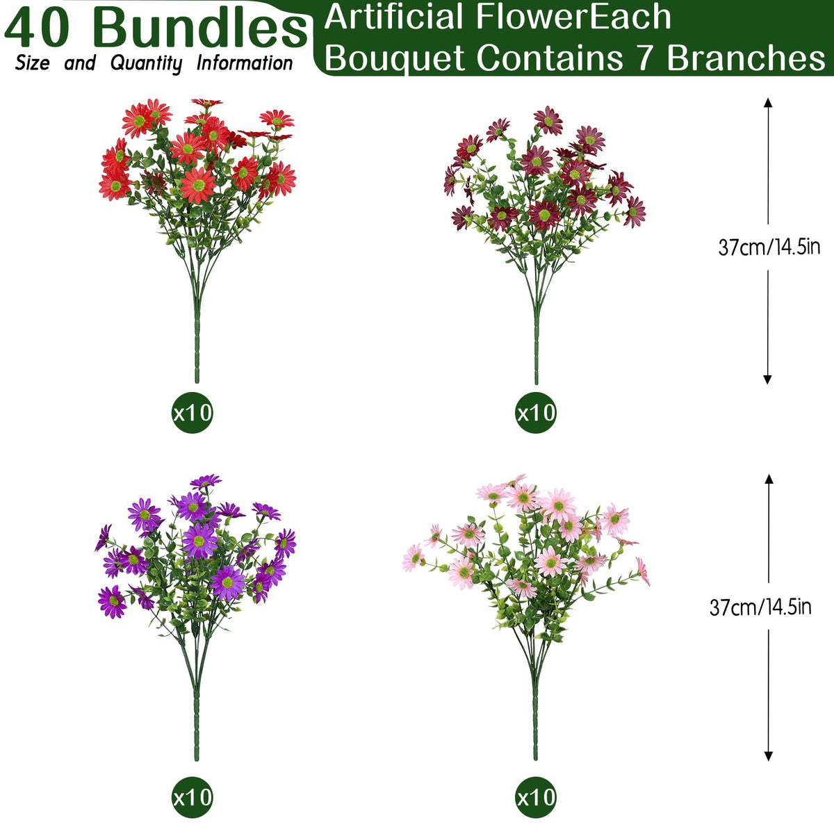 40 Bundles Artificial Daisies Flowers Fake Silk Plant for Indoor Outdoor Decor (Redpurplebrownpink)