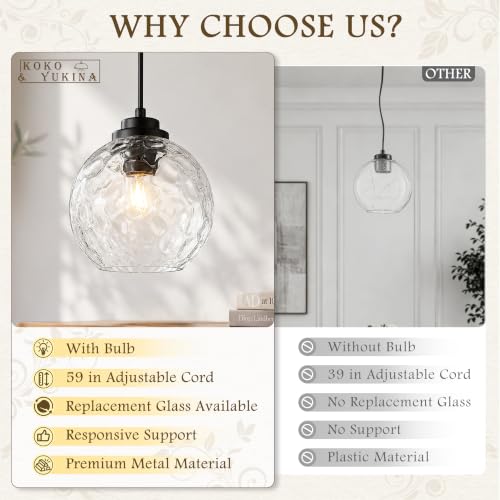 6" Modern Pendant Lights Kitchen Island Black Mid Century Modern Pendant Light Fixtures with Clear Glass Globe 2 Pack Modern Hanging Pendant Light for Bathroom Dining Room （Bulb Incl.） (Black & Hammered Glass / 6 Inch)