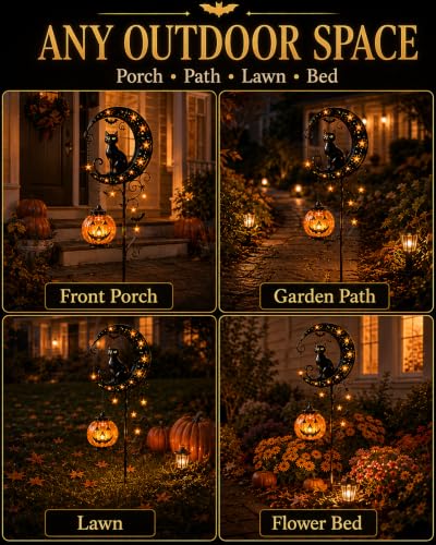 Halloween Garden Decorations Solar Cat Garden Lights Stake Outdoor Lantern Pumpkin Moon Yard Black Cat Waterproof Night Decor Holiday Jack Star LED Pathway Lawn Porch