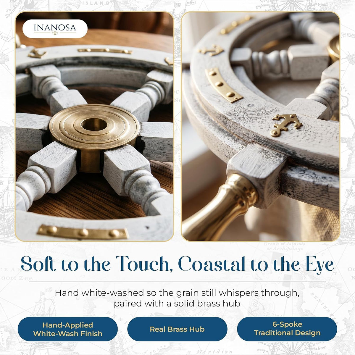 Coastal Voyage Antique White Finish Vintage Wooden Ship Wheel Nautical Wall Decor (White / 18"L x 18"W)