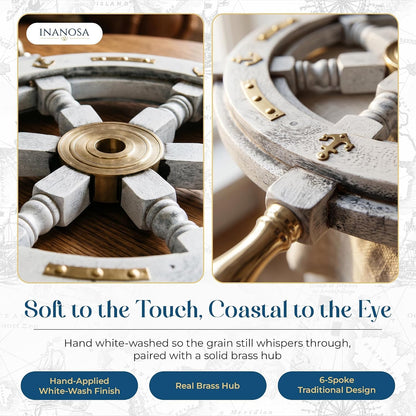 Coastal Voyage Antique White Finish Vintage Wooden Ship Wheel Nautical Wall Decor (White / 18"L x 18"W)
