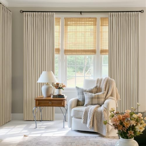 Oatmeal 92 Inch Blackout Pinch Pleated Curtains 2 Panel Set for Living Room Darkening Thick Linen Textured 100% Black Out Soundproof Drapes 92 Inches Long Pinch Pleat Light Blocking Bedroom 50x92 (Oatmeal / 50"W x 92"L (Pack of 2))