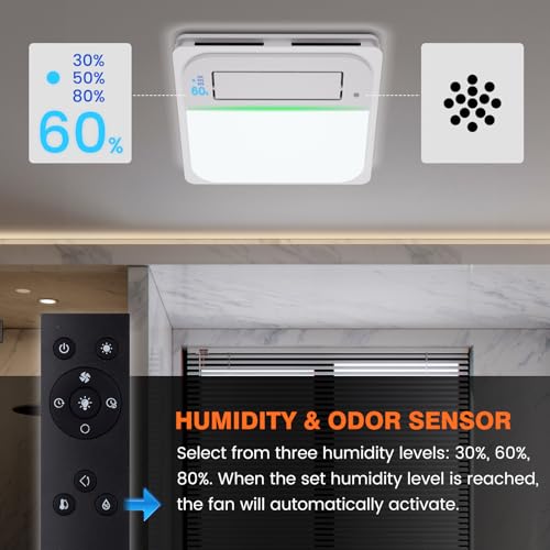 5-in-1 Bathroom Exhaust Fan with Light and Heater, Smart Humidity Sensor, 190 CFM 1.0 Sone Quiet Vent Fan, 1800W Fast Heating, 1500LM LED Light, Remote Control, UL Certified