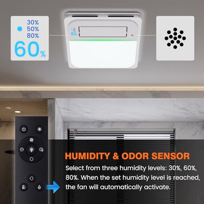 5-in-1 Bathroom Exhaust Fan with Light and Heater, Smart Humidity Sensor, 190 CFM 1.0 Sone Quiet Vent Fan, 1800W Fast Heating, 1500LM LED Light, Remote Control, UL Certified