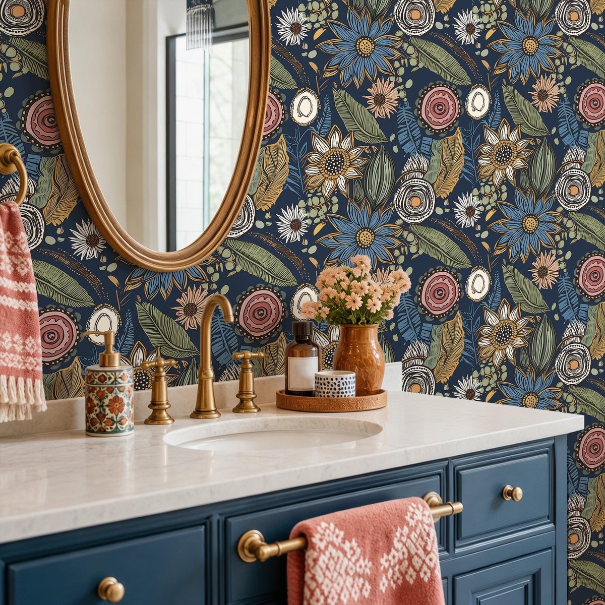 Vintage Dark Blue Boho Floral Peel and Stick Wallpaper 17.4"x78.8" (Blue with Pink / 17.4" x 78.8")