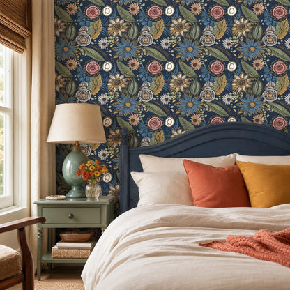 Vintage Dark Blue Boho Floral Peel and Stick Wallpaper 17.4"x78.8" (Blue with Pink / 17.4" x 78.8")