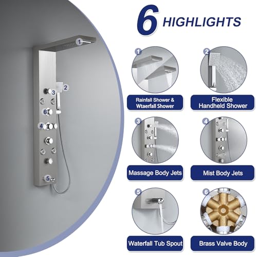 6 in 1 Rainfall Waterfall Shower Panel Tower System