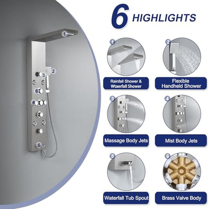 6 in 1 Rainfall Waterfall Shower Panel Tower System