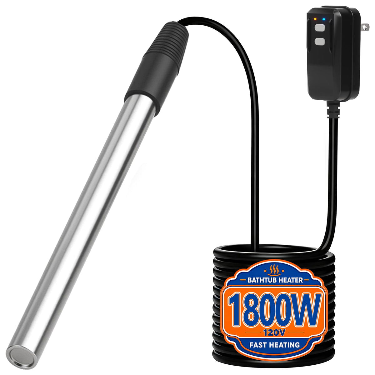 1800W 120V Portable Immersion Water Heater with GFCI for Bathtub (Silver)