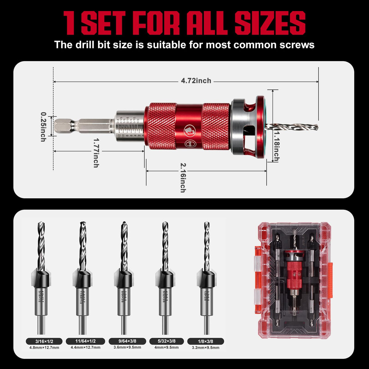 Upgrade 8PCS Countersink Drill Bits Set with Adjustable Depth Stopper (Red / 8 Pcs)