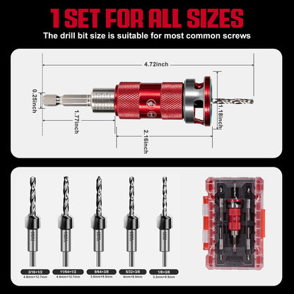 Upgrade 8PCS Countersink Drill Bits Set with Adjustable Depth Stopper (Red / 8 Pcs)