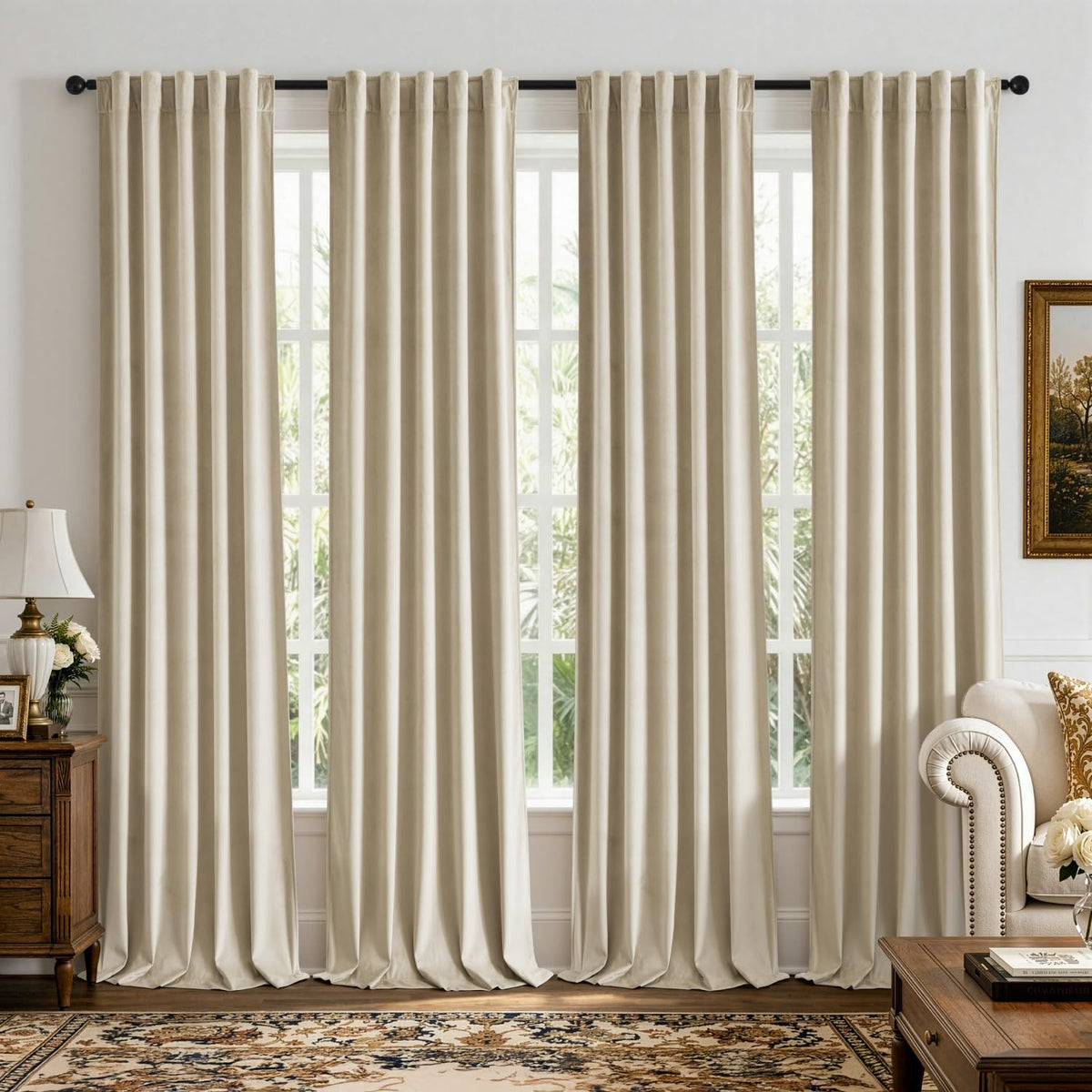 Beige Velvet Curtains 4 Panels Set Back Tab 40 x 108 Inch Long (Beige / 40"W x 108"L (Pack of 4))