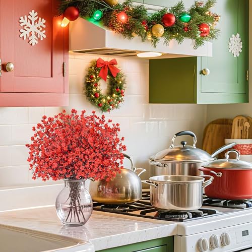 10Pcs Artificial Christmas Flowers Red Babys Breath Decoration for Home (Red)