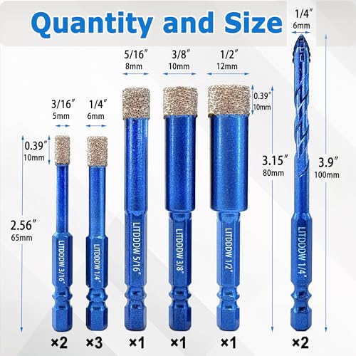 10 Pack Dry Diamond Drill Bits & Concrete Carbide Drill Bit Set (10 Pcs 3/16"-1/2" Mixed Styles)