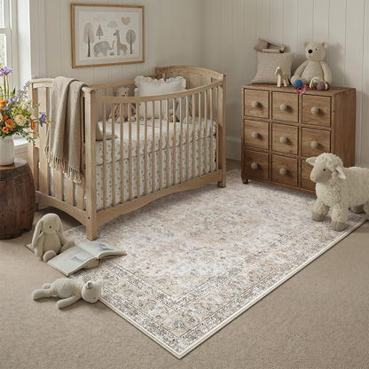 3x4 Washable Area Rug Beige Grey Non Slip Vintage Carpet (Vintage | Beige Multi / 3' x 4' (Rectangular))