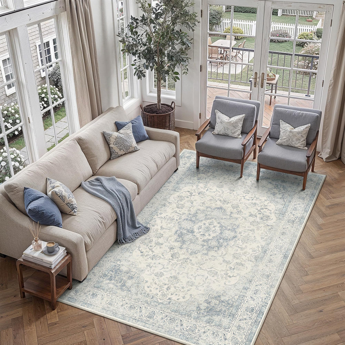 5x7 Blue Washable Area Rug Non Slip Vintage Carpet (Vintage | Blue / 5' x 7' (Rectangular))
