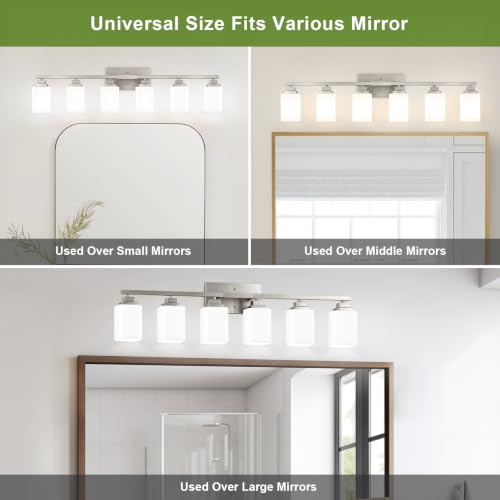 Brushed Nickel Bathroom Light Fixtures (Nickel-White Shade / 6-Light)