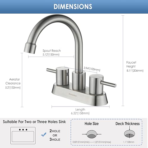 Bathroom Sink Faucet 4 Inch Two Handle Centerset Vanity Faucet Stainless Steel Touch On Faucets with Two Water Supply Lines for Bathroom Sink Vanity RV