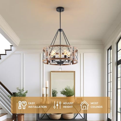 Rustic Farmhouse Chandelier Wooden Light Fixture Round Chandelier