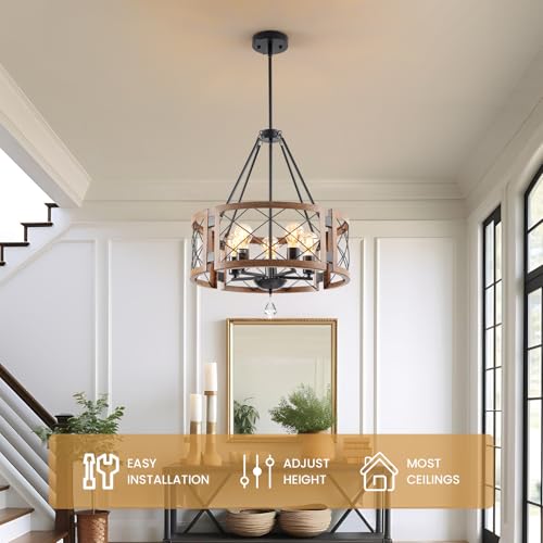 Rustic Farmhouse Chandelier Wooden Light Fixture Round Chandelier