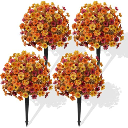 4Pcs Artificial Fall Ball Flowers for Outdoors (Orange Yellow Brown)