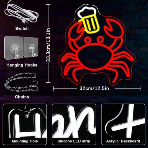 Crab Beer Neon Sign for Wall Decor Drinking Neon Light Bar Led Sign Red Seafood Neon Light Sign for Bar Seafood Market Coastal Beach Themed Restaurant (Red Beer Crab)