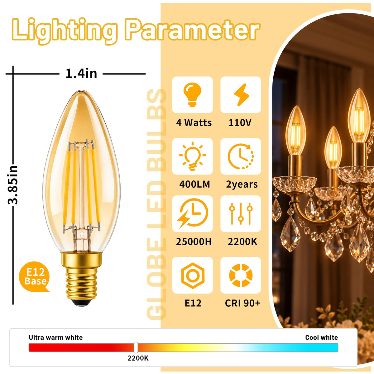 Dimmable E12 Candelabra LED Bulb 4W 40W Equivalent for Chandelier (2200k Warm White)