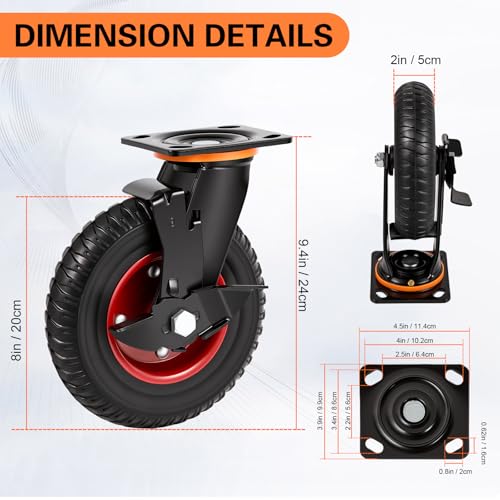 8 Inch Caster Wheels 4pcs Heavy Duty Swivel with Brake Rubber Solid Wheels (8 Inch Wheel)