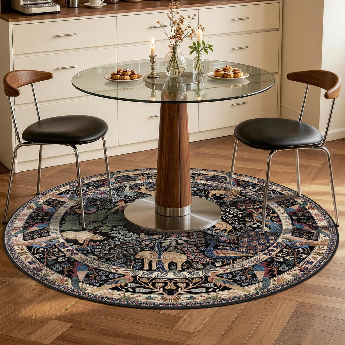 4ft Round Rug Circular Animal Print Area Rug Low Pile Indoor Rug (Black/Multi / 4' (Round))