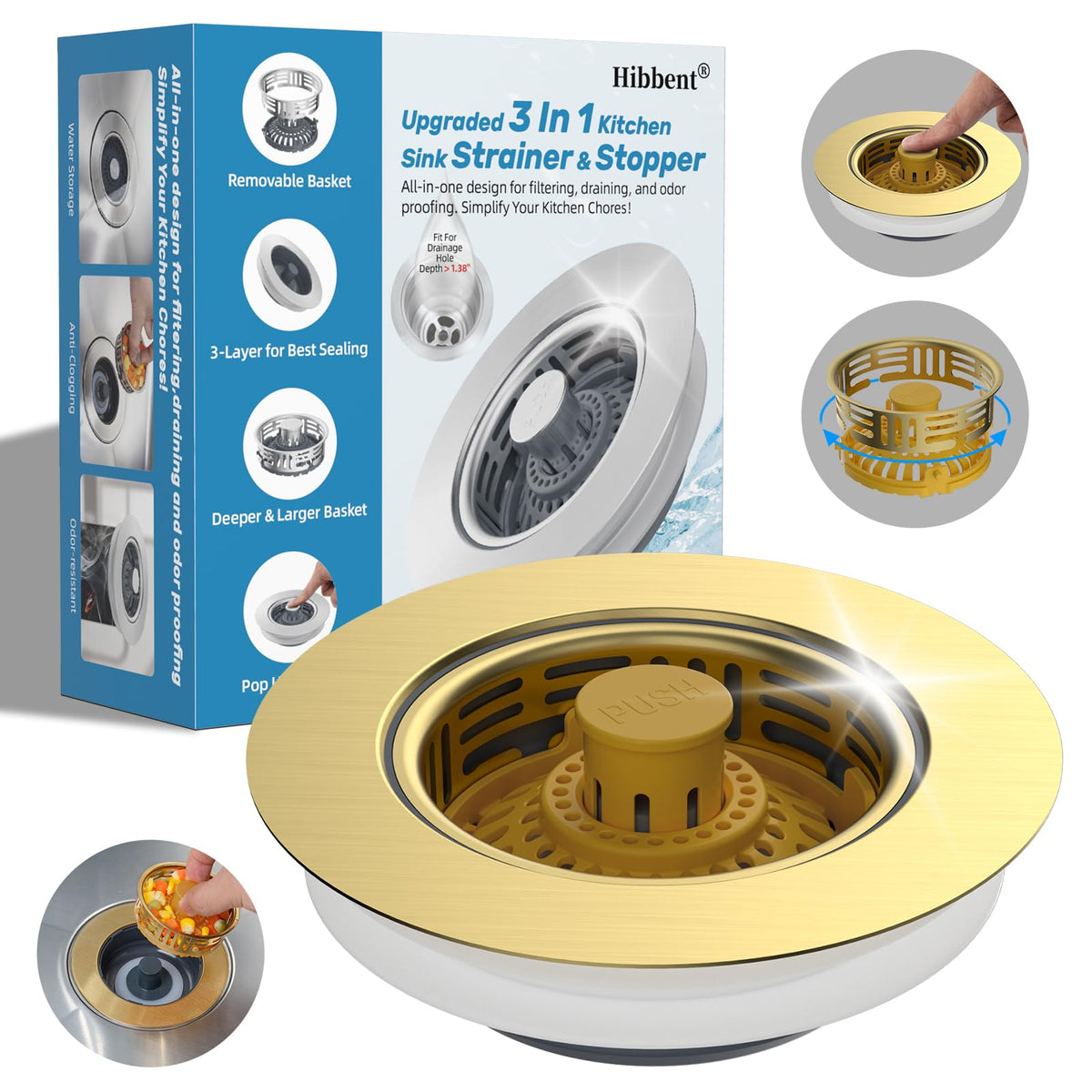 3 in 1 Kitchen Sink Drain Strainer (Brushed Gold)