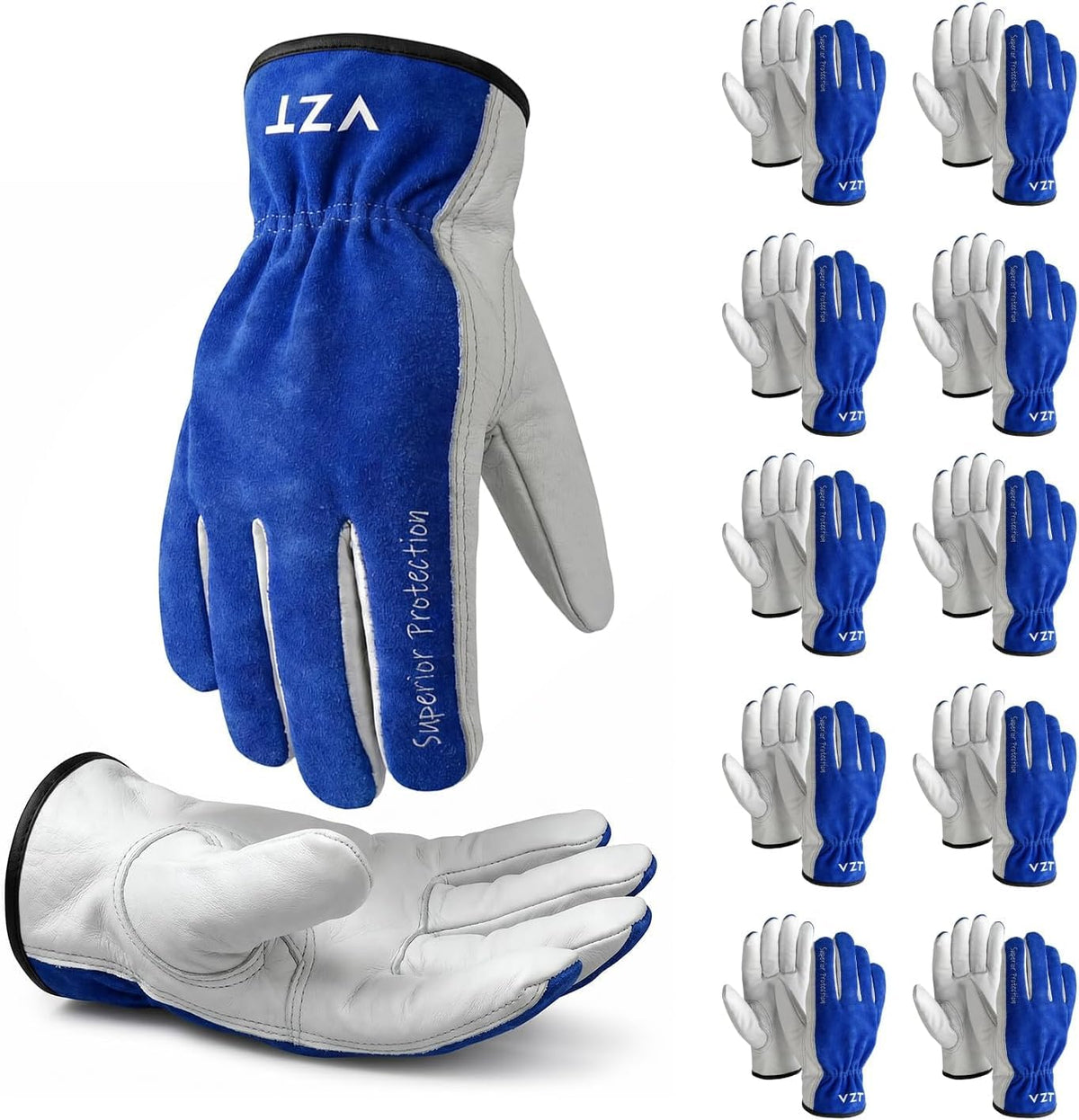 10 Pairs Leather Work Gloves for Men & Women (Blue-white / Large(Pack of 10))