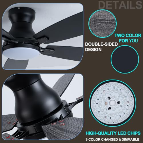 52 Inch Flush Mount Ceiling Fan with Display Remote (Black SY66-52IN)