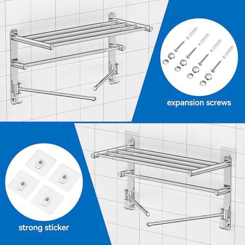 Retractable Towel Rack for Bathroom Stainless Steel Extendable Towel Shelf with 180° Swing Arms Wall (Silvery)